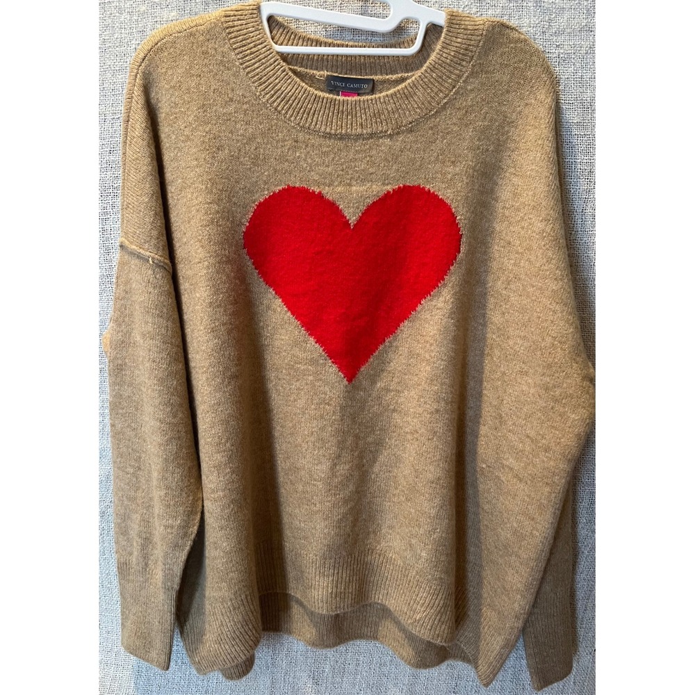 Vince Camuto Tan Heart Intarsia Crewneck Sweater Brown Red Graphic C1562219S M
